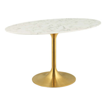 Lippa Oval Dining Table With Gold Base, Marble Top, 54"