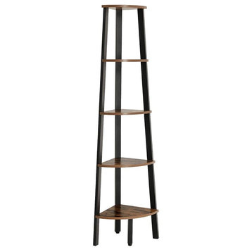 Benzara BM195835 5 Tier Ladder Style Wooden Corner Shelf with Iron, Brown /Black
