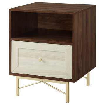 Modern Nightstand, Gold Legs With Drawer & Open Shelf, Dark Walnut/White Poplar
