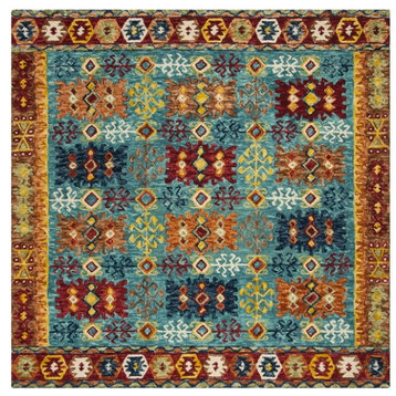 Southwestern Area Rug, Square Design With Unique Blue/Red Tribal Patterned Wool