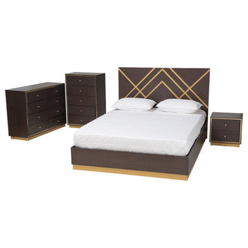 Dark Brown and Gold Finished Wood, Queen  4-Piece Bedroom Set With Chest