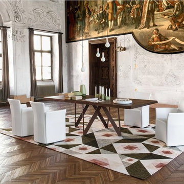 Cartesio 99" Table - Corten Leg Finish with Dark Oak Top and Nido Chairs