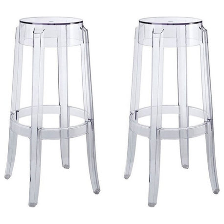 Modway Casper 29.5" Modern Plastic Bar Stool in Clear (Set of 2)