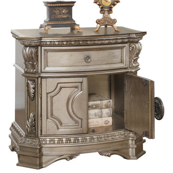 Traditional Nightstand, Carved Design With 2 Doors Cabinet & Drawer, Champagne