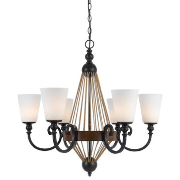 6 Light Monticello Chandelier, Metal/Wood Finish, White Shade