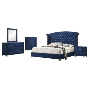 Coaster 5-Piece Contemporary Velvet Eastern King Bedroom Set in Blue