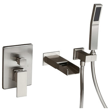 Modern Waterfall Wall-Mount Solid Brass Bathtub Faucet with Handshower, Nickel