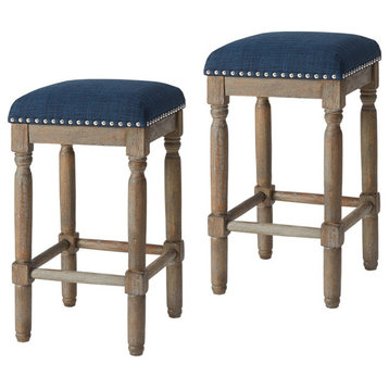 Cirque Rustic Upholstered Backless Counter Stools Set of 2, Navy Blue