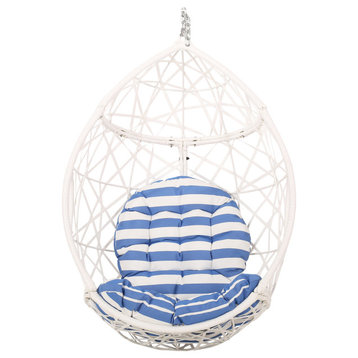 Berkley Outdoor Wicker Hanging Egg Chair, White + White and Blue