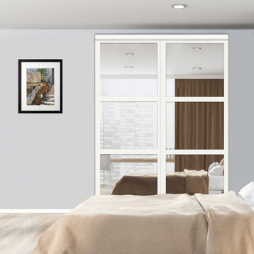 2 Panels Mirror Bypass Closet Sliding Door 3 Lite Shaker Style, 72"x80", Unfinished (Primed)