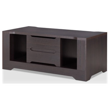 Modern Coffee Table, Unique Design With Side Open Shelves, 2 Drawers, Espresso