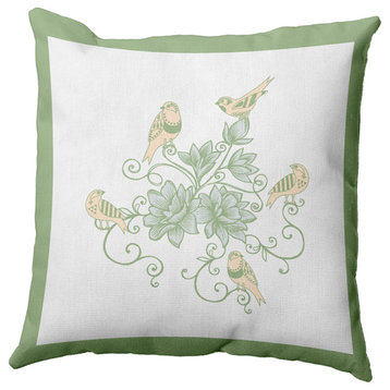 Birds And Flowers Decorative Throw Pillow, Fresh Green, 16"x16"
