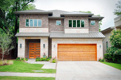 Inspiration for a huge transitional beige two-story stone gable roof remodel in Dallas