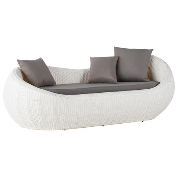 White Woven Rattan Round Outdoor Sofa With Cushion & Pillow and Curved Back