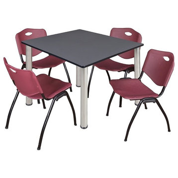Kee 48" Square Breakroom Table, Gray, Chrome and 4 'M' Stack Chairs, Burgundy