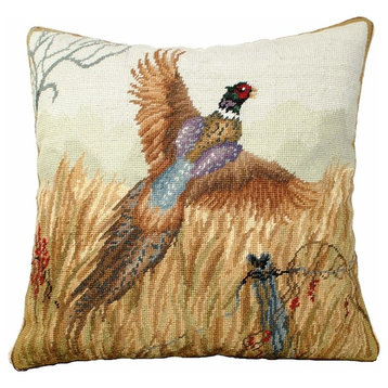 Throw Pillow Needlepoint Pheasant in Flight Bird 18x18 Beige Cotton