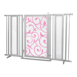 Fusion Gates - Fusion Gate with Songbirds in Pink Design, Satin Nickel, 60"-65" - Dog Gates