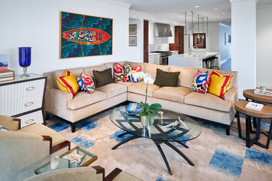 Photo of a large contemporary open concept living room in Other with white walls, carpet and multi-coloured floor.