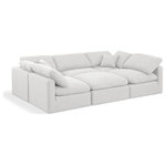 Meridian Furniture - Indulge Upholstered Modular U-Shaped Sectional, White, 6-Piece: 3 Armless Chair, 2 Corner Chair, 1 Ottoman, Down Stuffed Linen Textured Fabric - Experience ultimate comfort and style with our white linen textured fabric Indulge Sectional. The luxurious linen texture of the fabric will elevate the aesthetic of any room. This sofa provides ample space for you to relax while its modular build offers the option of unlimited configurations. Whether you're looking to add a stylish element to your living room or a comfortable seating option to your bedroom, this sofa is the perfect choice.