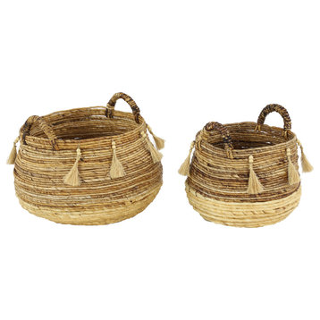 Round Natural Brown and Beige Banana Leaf Baskets With Beads, Tassels, Set of 2