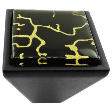 Hand Painted Abstract Golden Curls Crystal Glass Black Metal Square Frustum Knob