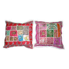 Mogul Interior - Red Pink Sari Patchwork Beaded Pillow Sham Cover 16", Set Of 2 - Decorative Pillows