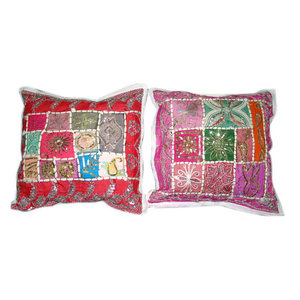 Mogul Interior - Red Pink Sari Patchwork Beaded Pillow Sham Cover 16", Set Of 2 - Decorative Pillows
