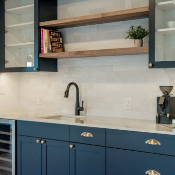 Modern Navy Wet Bar with Polished Brass Hardware and Wine Fridge