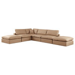 Meridian Furniture - Comfy Upholstered L-Shaped Modular Sectional, Tan, 6-Piece: 3 Armless Chair, 1 Corner Chair, 2 Ottoman, Vegan Leather - Give your space a whole new look with this tan Comfy vegan leather sectional. This handsome sectional fits nicely with other items in the Comfy collection and is a versatile seating option designed for adaptability, comfort and style. Wrapped in rich tan durable vegan leathered upholstery, this sectional offers a plush embrace of overstuffed down feather cushions, carefully crafted to deliver the highest level of comfort. The perfect seat for creating an oasis for relaxation, this sectional has thick foam surrounding its frame for added support and coziness.