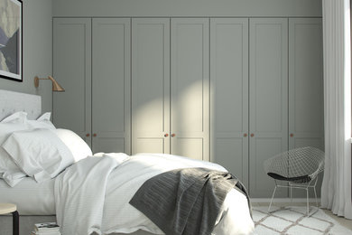 Design ideas for a scandinavian bedroom in Other with grey walls and light hardwood floors.
