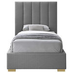 Meridian Furniture - Pierce Linen Textured Fabric Upholstered Bed, Gray, Twin - Give your bedroom a facelift with this Pierce linen textured bed. This twin-size bed features elegant grey linen textured upholstery that runs from its headboard, down its sides to its footboard, adding a sophisticated feel to your space. Deep channel tufting on the super tall headboard adds to its regal look, and it comes with both gold and chrome legs, so you can give it a personalized spin to match your decor preferences.
