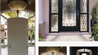 Iron in Glass door insert with matching sidelights and transom.