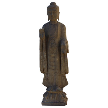 Chinese Gray Stone Carved Standing Abhaya Mudra Buddha Statue Hcs4774