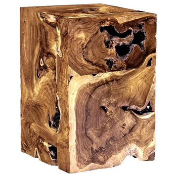 Wood Slice End Table Bunching Cube 14 in Solid Teak Live Edge Square Block, Large