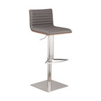 Cafe Adjustable PU Bar Stool With Walnut Back, Seat: Gray, Base: Brushed Stainless Steel