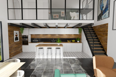 Proposition 3D d'une cuisine ouverte avec une mezzanine.