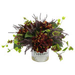 Creative Displays - Creative Displays Hydrangea and Ivy Floral Arrangement - Bring a touch of sophisticated beauty into any indoor space with this handcrafted Hydrangea, Ivy and Astilbe Arrangement in a Glass Label Vase. This statement piece is perfect for any modern home or office and can instantly bring a breath of fresh air and style to any interior. Featuring a perfectly balanced combination of burgundy hydrangeas, magnolia garland, purple astilbe and ivy, all intricately arranged in a glass vase with a decorative label. Made of only the highest quality and durable materials, this lush arrangement is sure to make a lasting impression. Plus, with no need for watering or maintenance, it's the perfect accent.