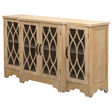 TATEUS Retro Sideboard with Glass Door and Curved Line Design Storage Cabinet, Natural Wood