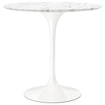 Maklaine 32 inches Round Artifical Marble and Metal Dining Table in White