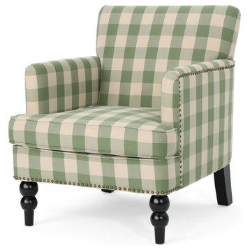 GDF Studio Eve Tufted Fabric Club Chair, Green Checkerboard/Dark Brown