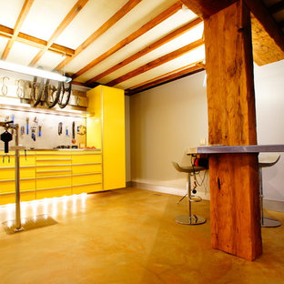 Inspiration for a contemporary basement in San Francisco with yellow floors.
