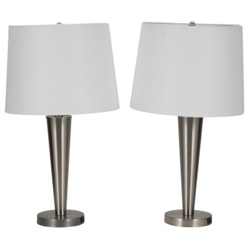 Metal, Set of 2, 25"H, Slim Cone Table Lamps, Nickel