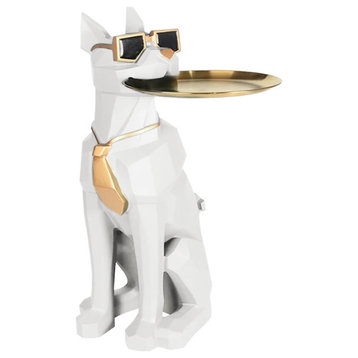 White Resin Dog Sculpture Cute End Side Table With Metal Storage Tray Tissue Box