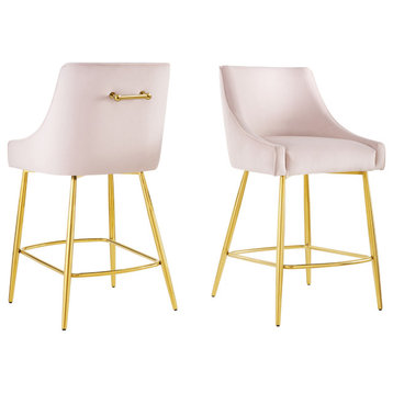 Counter Stool Chair, Set of 2, Pink, Velvet, Modern, Mid Century Lounge Dining