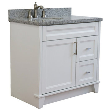 37" Single Sink Vanity, White Finish With Gray Granite And Left Door/Left Sink