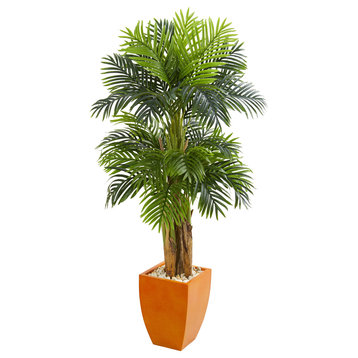 Triple Areca Palm Artificial Tree, Orange Planter