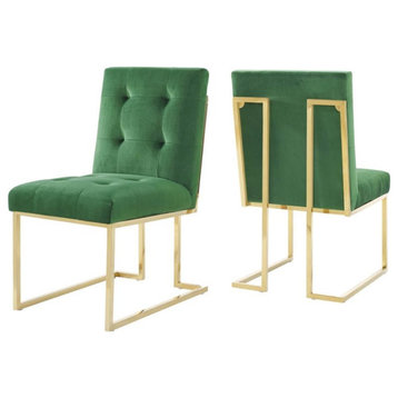 Modway Privy 18.5" Performance Velvet Dining Chair in Gold/Emerald (Set of 2)