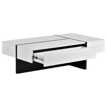Modern Coffee Table, Geometric Design With Storage Drawer, High Gloss White