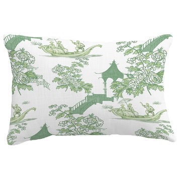 China Old Floral Print Throw Pillow With Linen Texture, Green, 14"x20"