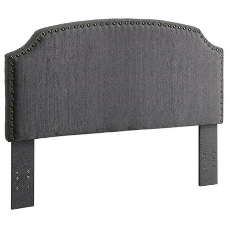 Padded Scooped King Size Headboard with Nailhead Trim, Gray